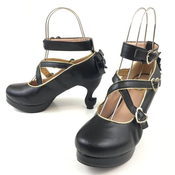 Black Lolita Liz Lisa Deary Unique Table Leg Heels Criss Cross Buckles size 40 - Picture 4 of 16